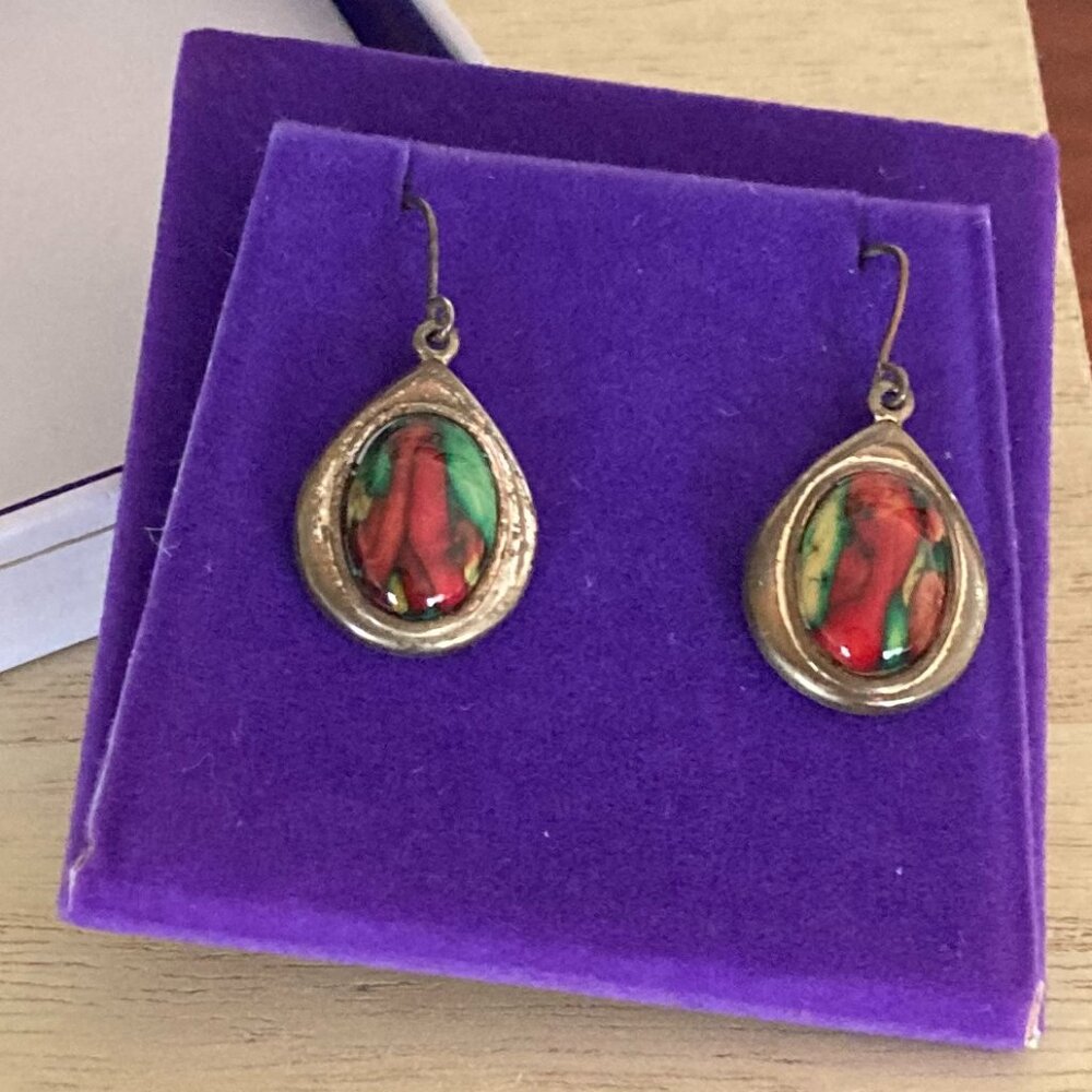Heathergems Dangling Earrings Red and Green Swirls Natural Aging Patina